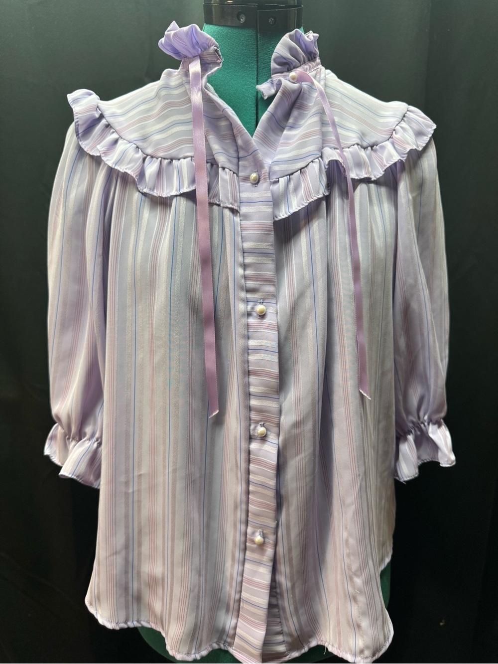 Lavender Striped Ruffle Tie-Neck Blouse - Women's Top
